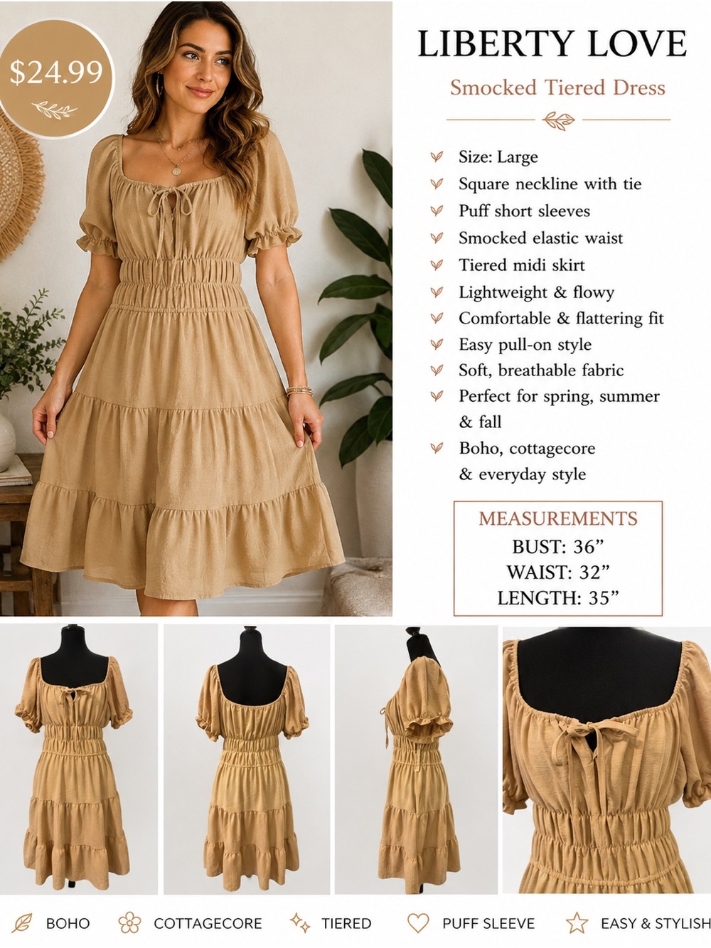 🆕Liberty Love Tan Smocked Tiered Midi Dress flowy fall/autumn fashion LG NWT